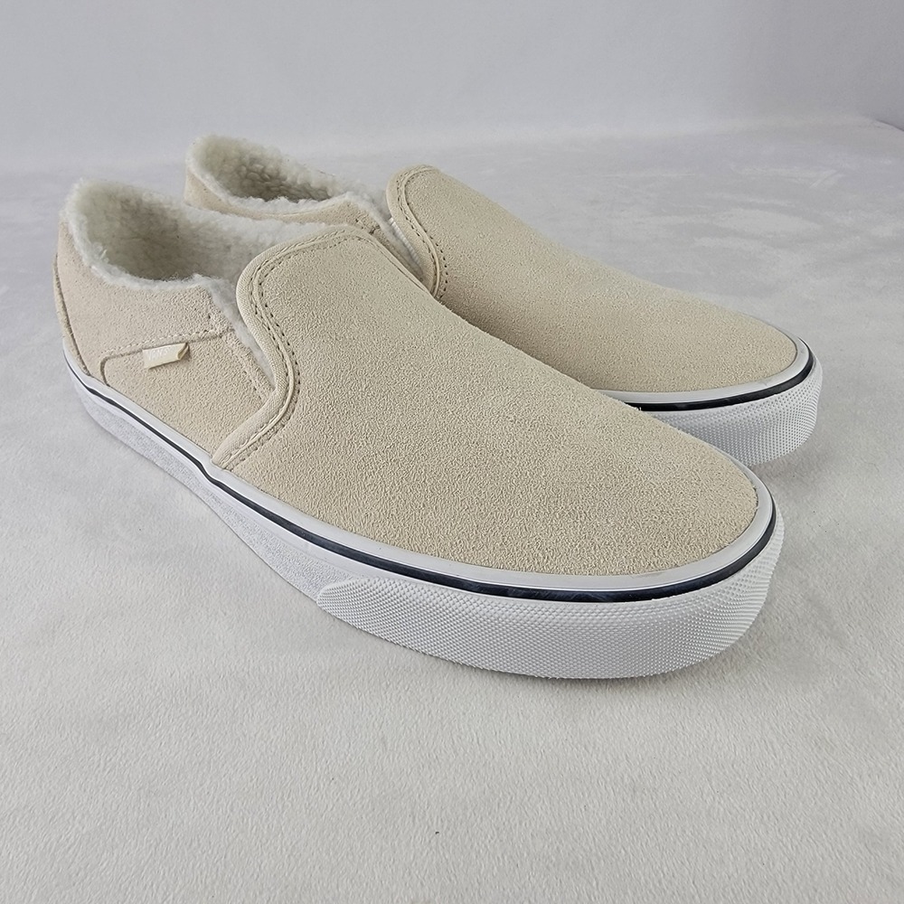 Vans Asher Classic Slip-On Suede Faux Fur Cream Beige Womens 9.5 Sneakers